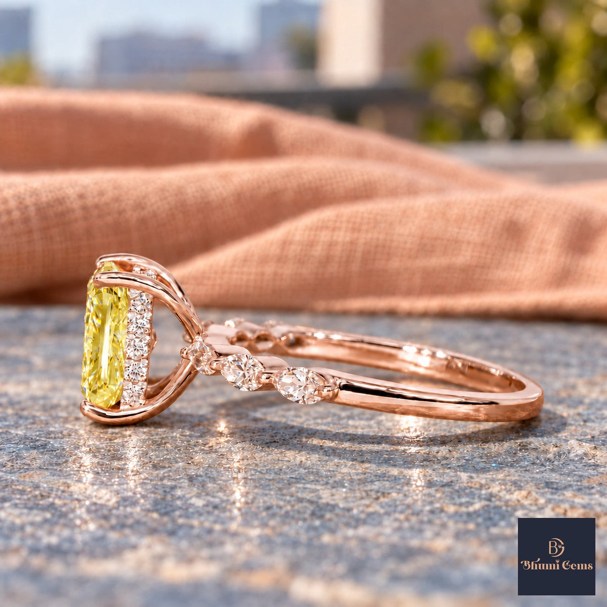 Yellow Radiant Cut Lab Grown Diamond Engagement Ring - Navette Band in rose gold, side view