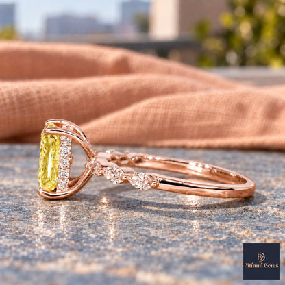 Yellow Radiant Cut Lab Grown Diamond Engagement Ring - Navette Band in rose gold, side view