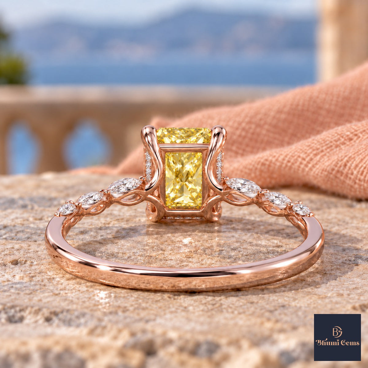 Yellow Radiant Cut Lab Grown Diamond Engagement Ring - Navette Band in rose gold, gallery view