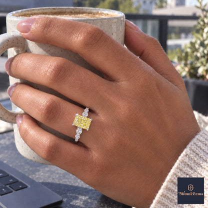 Yellow Radiant Cut Lab Grown Diamond Engagement Ring - Navette Band in white gold, on the hand