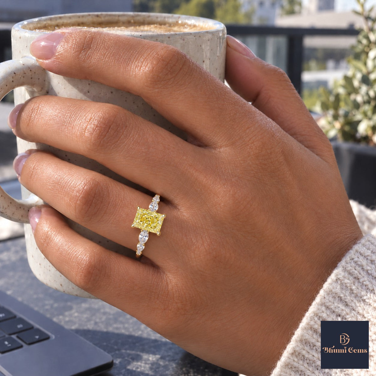 Yellow Radiant Cut Lab Grown Diamond Engagement Ring - Navette Band in yellow gold, on the hand