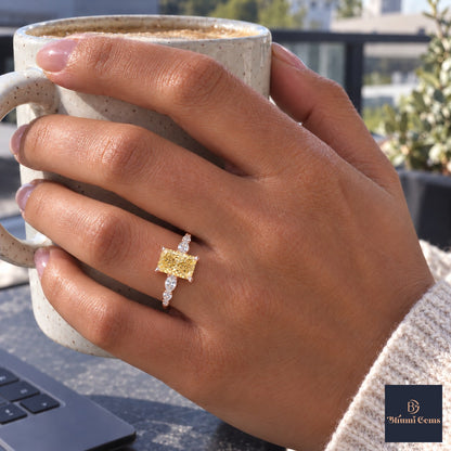 Yellow Radiant Cut Lab Grown Diamond Engagement Ring - Navette Band in rose gold, on the hand