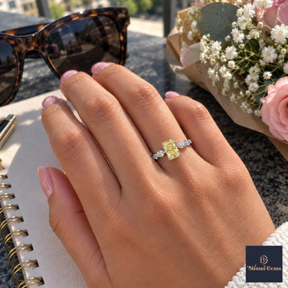 Yellow Radiant Cut Lab Grown Diamond Engagement Ring - Navette Band in white gold, worn on the hand