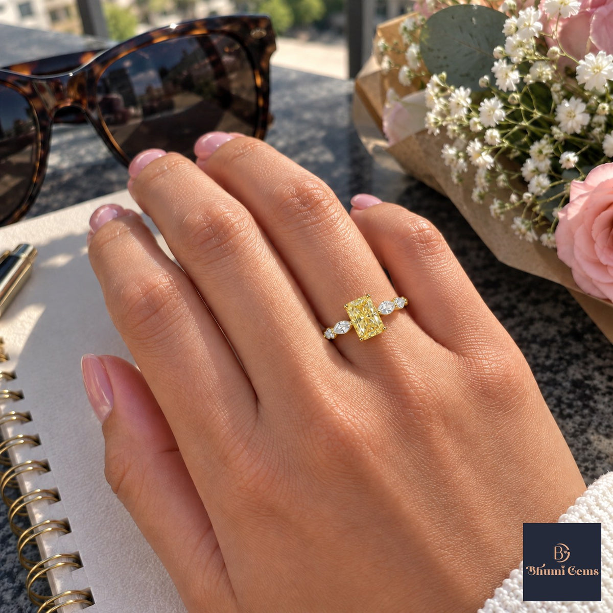 Yellow Radiant Cut Lab Grown Diamond Engagement Ring - Navette Band in yellow gold, worn on the hand