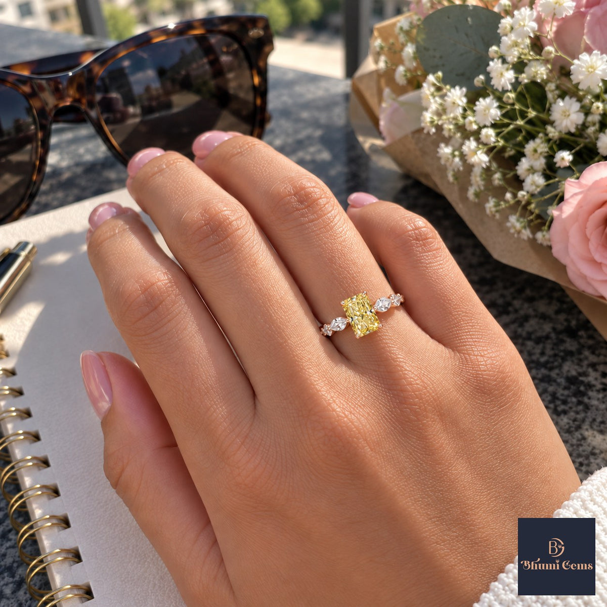 Yellow Radiant Cut Lab Grown Diamond Engagement Ring - Navette Band in rose gold, worn on the hand