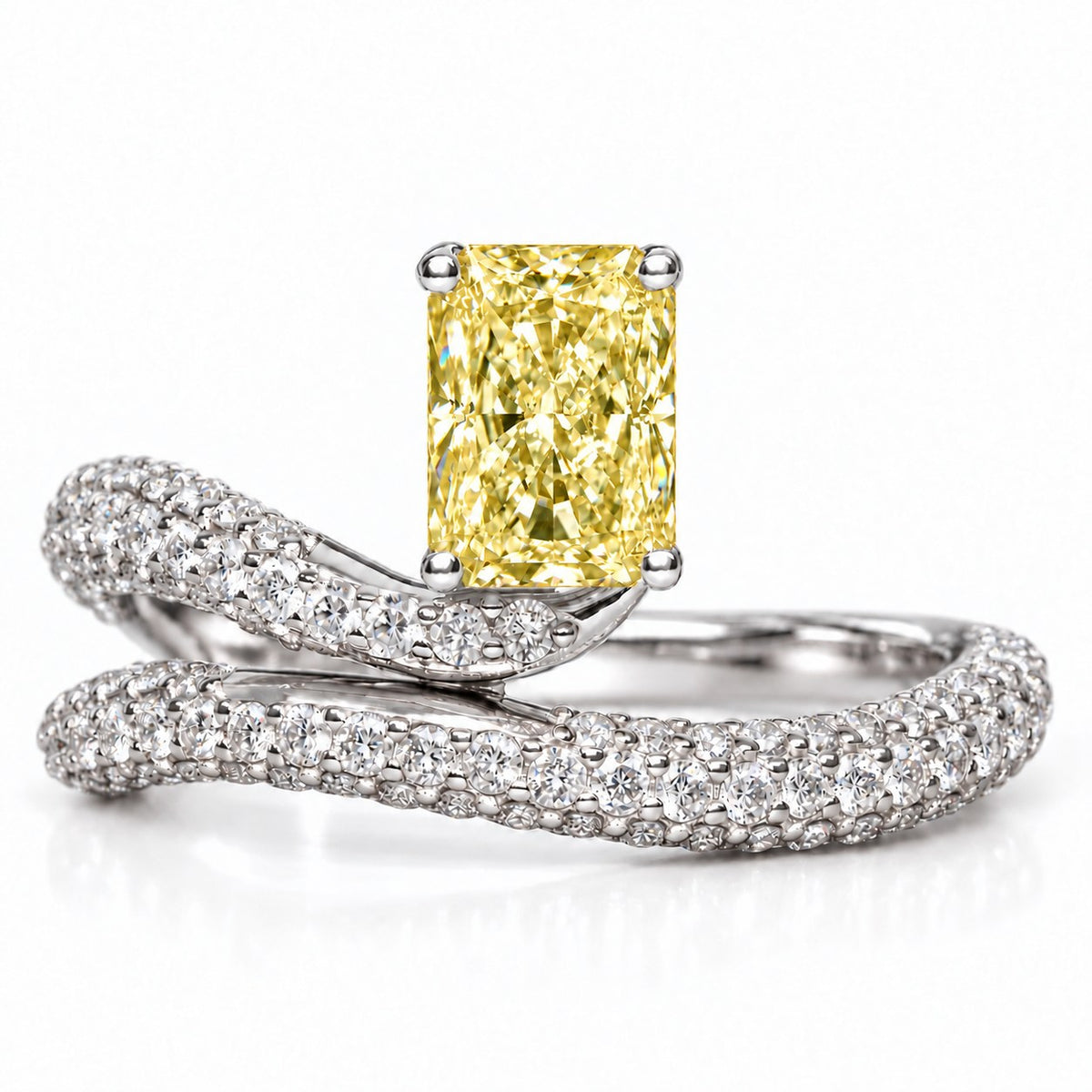 Yellow Radiant Cut Lab Grown Diamond Engagement Ring - Pave Wrap Bypass in white gold, front view