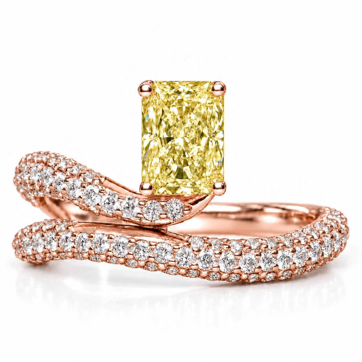 Yellow Radiant Cut Lab Grown Diamond Engagement Ring - Pave Wrap Bypass in rose gold, front view