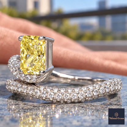 Yellow Radiant Cut Lab Grown Diamond Engagement Ring - Pave Wrap Bypass in white gold, close-up