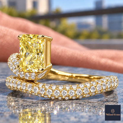 Yellow Radiant Cut Lab Grown Diamond Engagement Ring - Pave Wrap Bypass in yellow gold, close-up