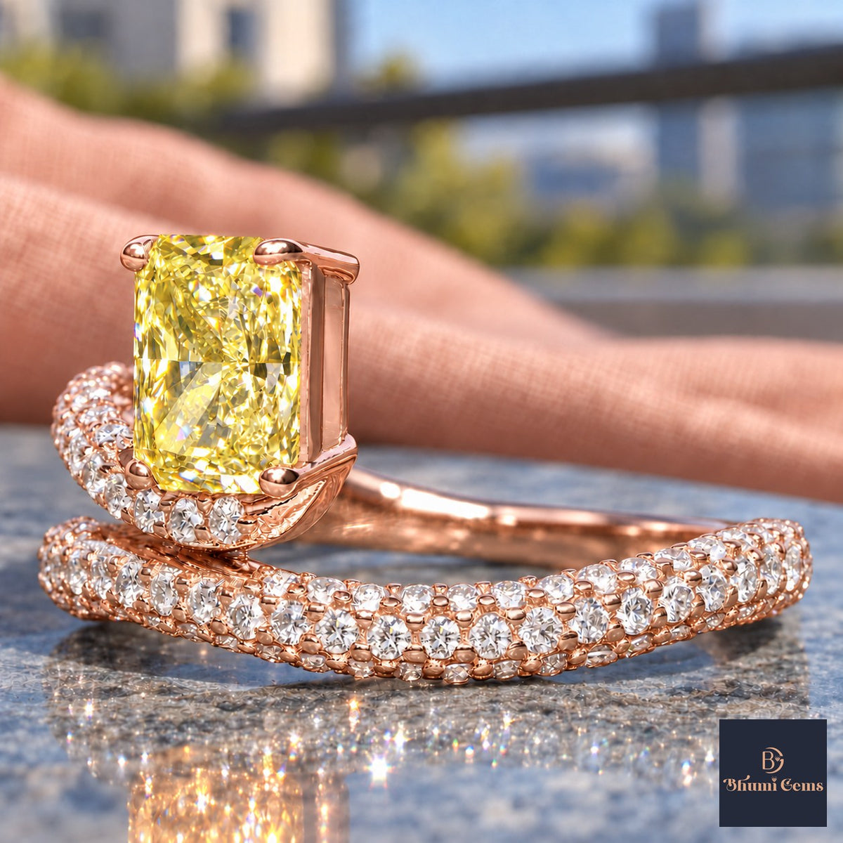 Yellow Radiant Cut Lab Grown Diamond Engagement Ring - Pave Wrap Bypass in rose gold, close-up