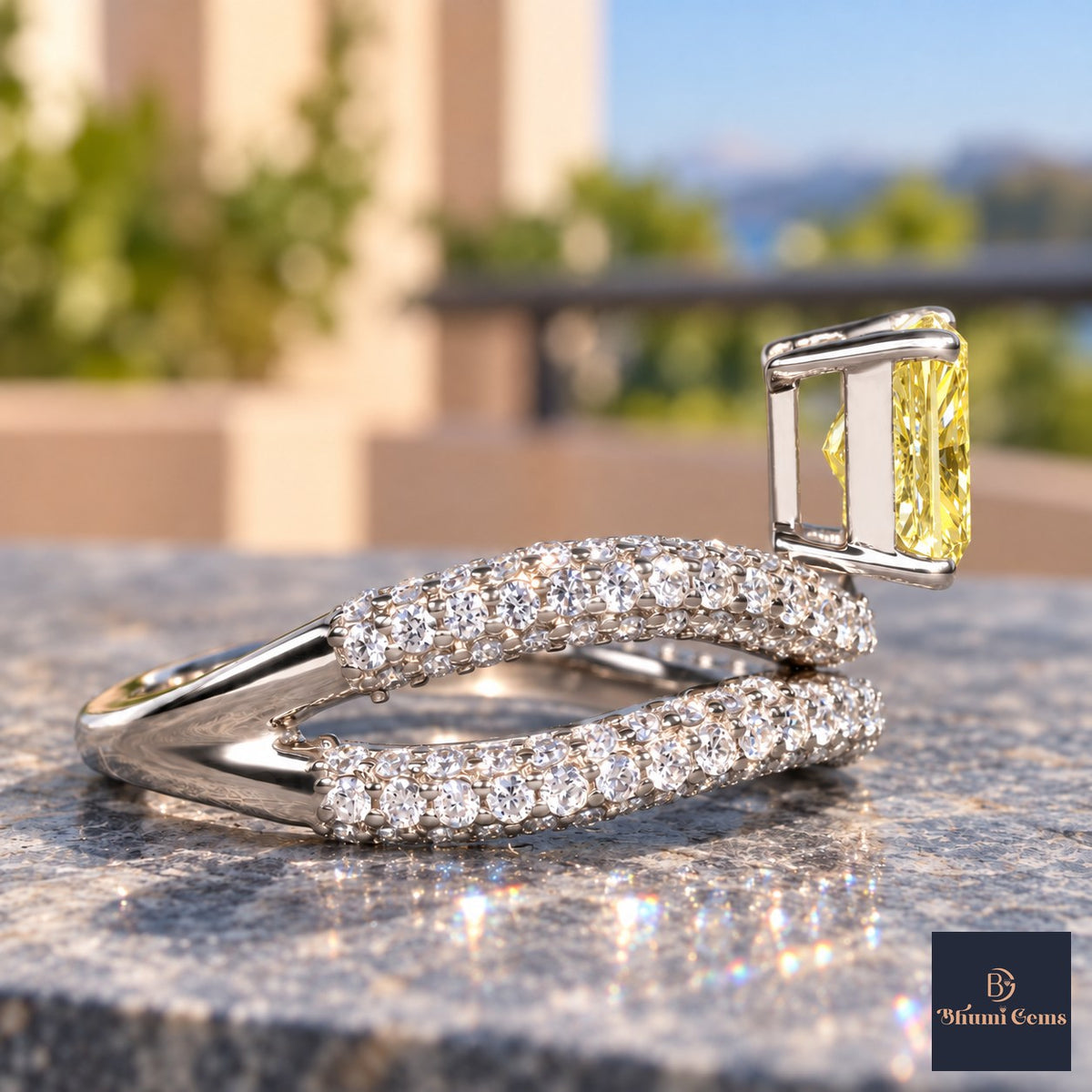 Yellow Radiant Cut Lab Grown Diamond Engagement Ring - Pave Wrap Bypass in white gold, side view