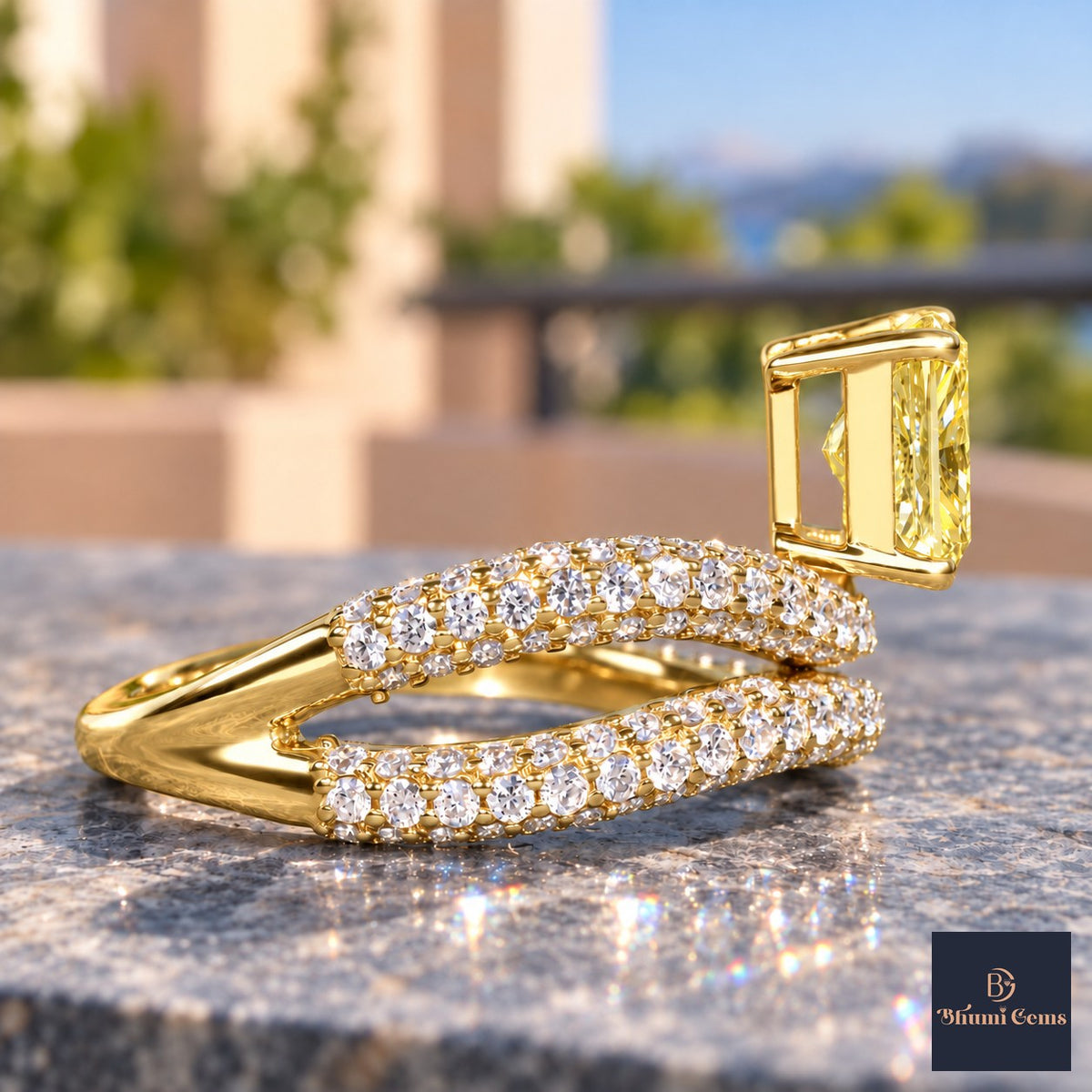 Yellow Radiant Cut Lab Grown Diamond Engagement Ring - Pave Wrap Bypass in yellow gold, side view