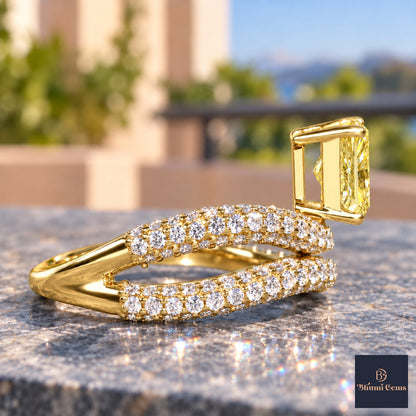 Yellow Radiant Cut Lab Grown Diamond Engagement Ring - Pave Wrap Bypass in yellow gold, side view