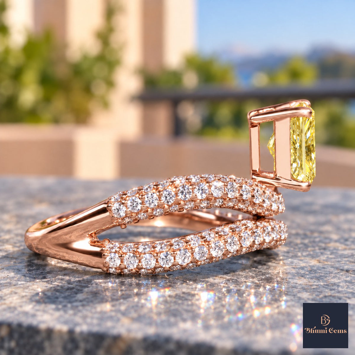 Yellow Radiant Cut Lab Grown Diamond Engagement Ring - Pave Wrap Bypass in rose gold, side view