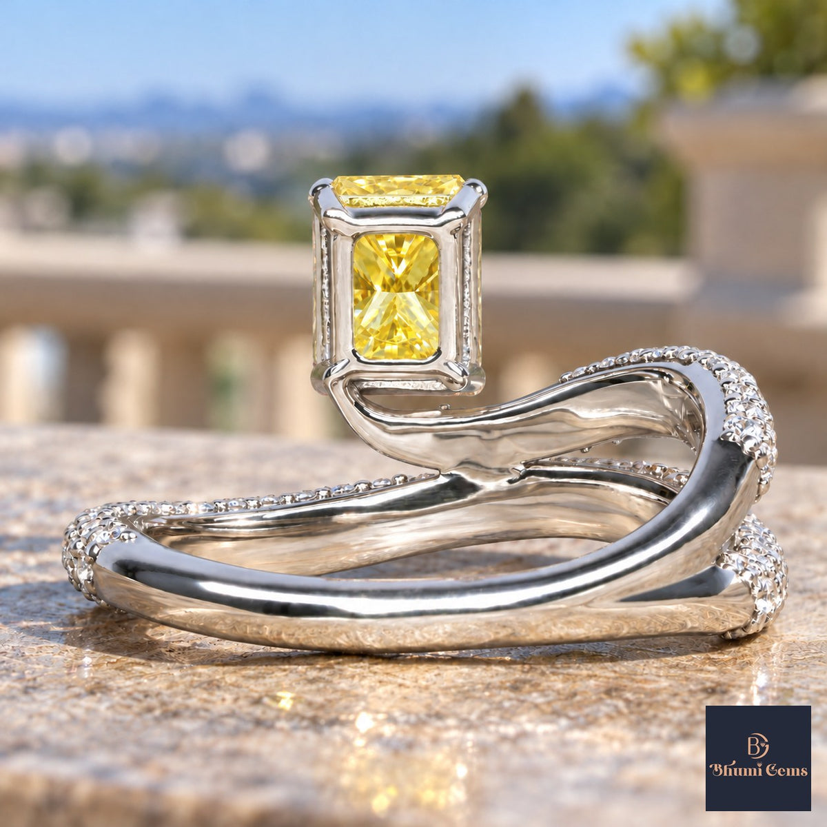 Yellow Radiant Cut Lab Grown Diamond Engagement Ring - Pave Wrap Bypass in white gold, gallery view