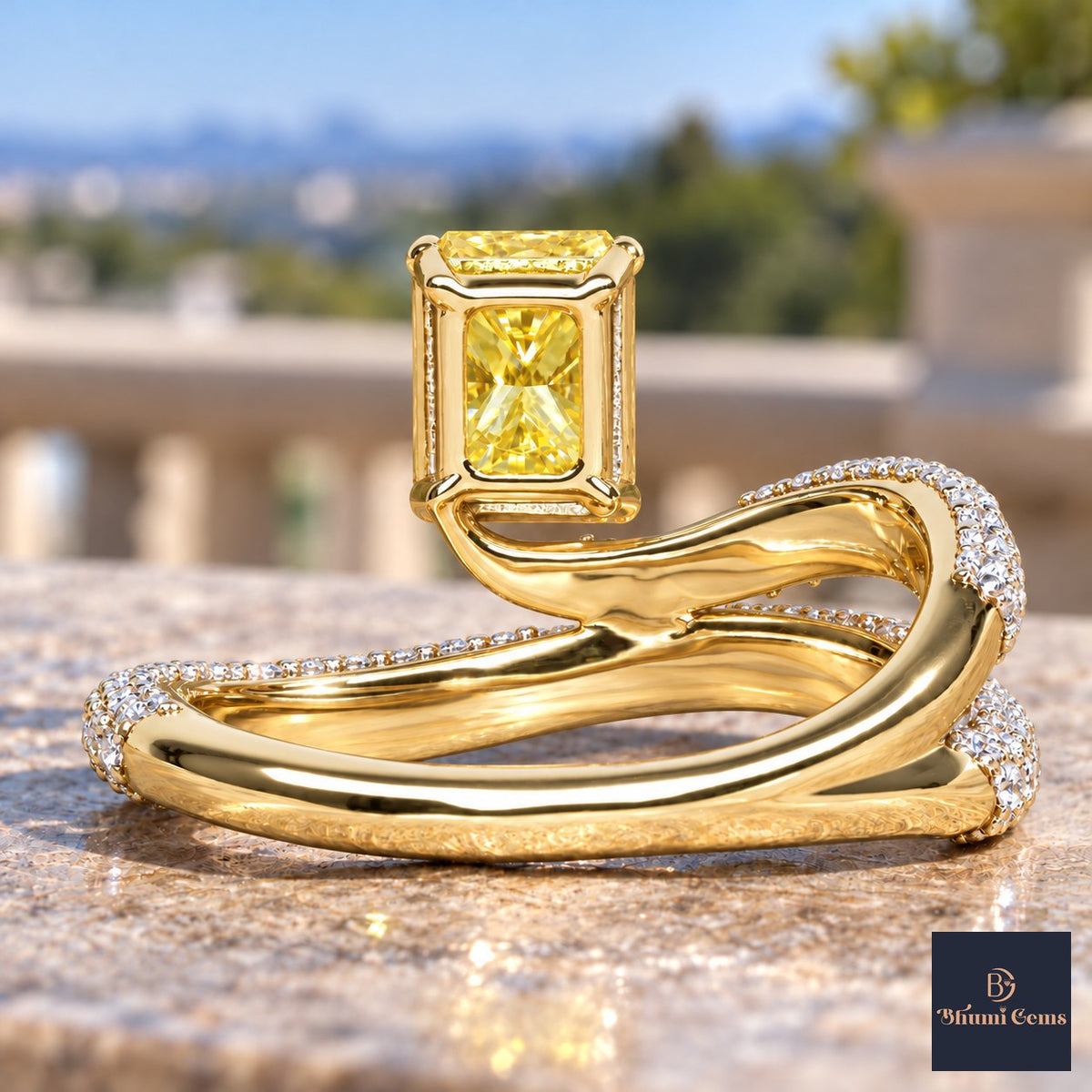 Yellow Radiant Cut Lab Grown Diamond Engagement Ring - Pave Wrap Bypass in yellow gold, gallery view