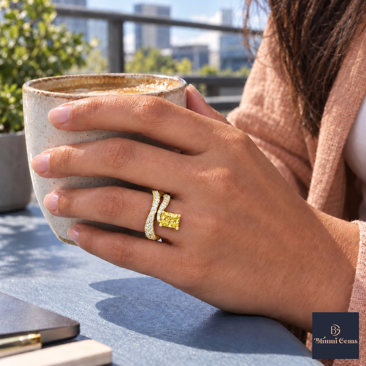 Yellow Radiant Cut Lab Grown Diamond Engagement Ring - Pave Wrap Bypass in yellow gold, on the hand