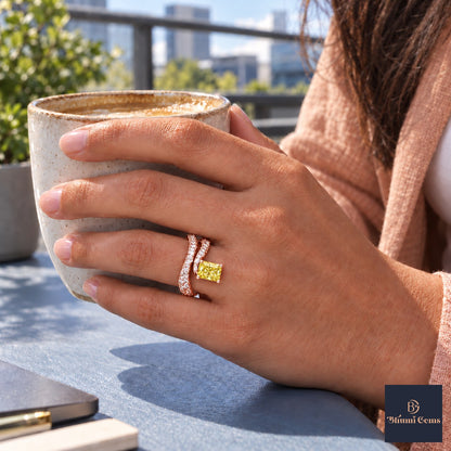 Yellow Radiant Cut Lab Grown Diamond Engagement Ring - Pave Wrap Bypass in rose gold, on the hand