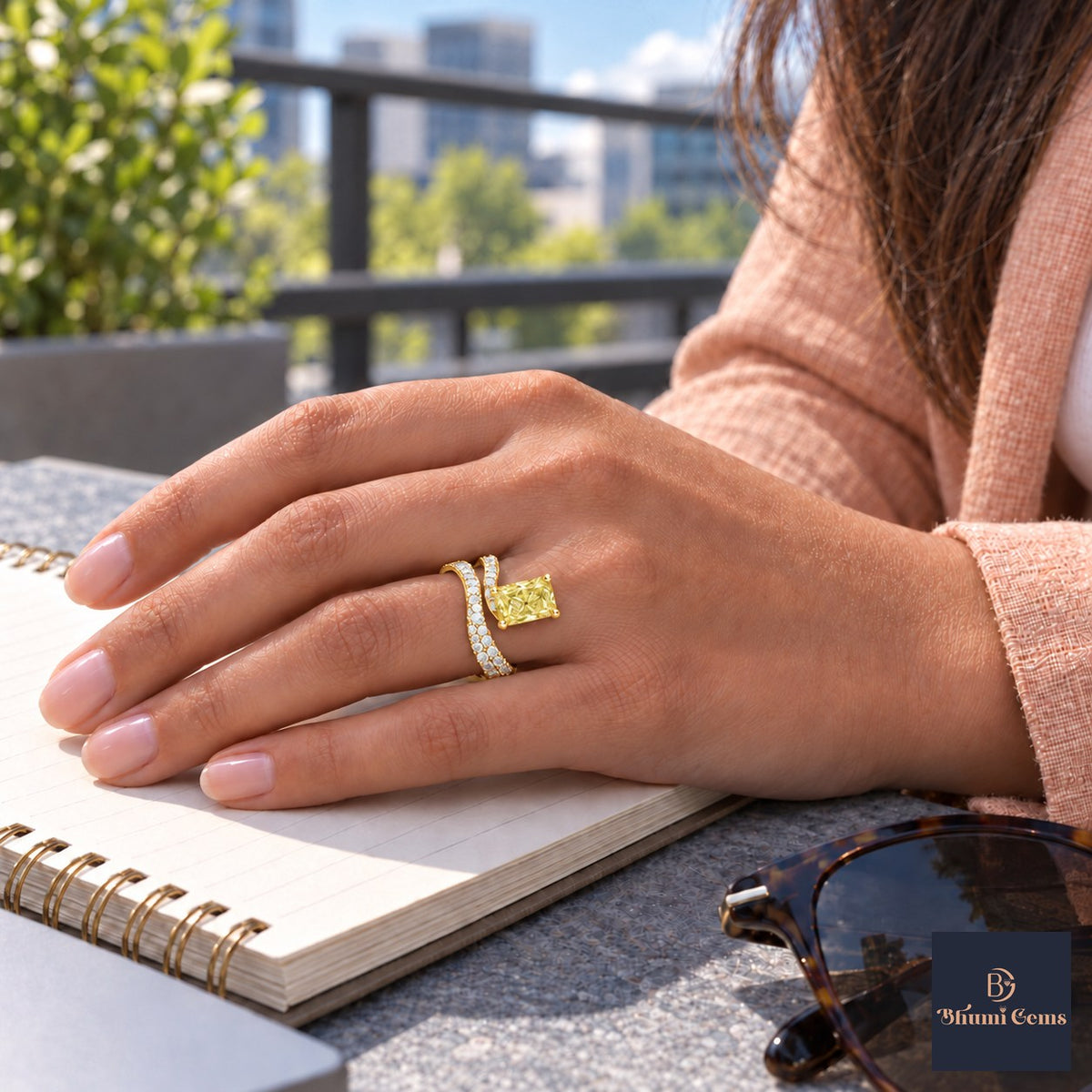 Yellow Radiant Cut Lab Grown Diamond Engagement Ring - Pave Wrap Bypass in yellow gold, worn on the hand
