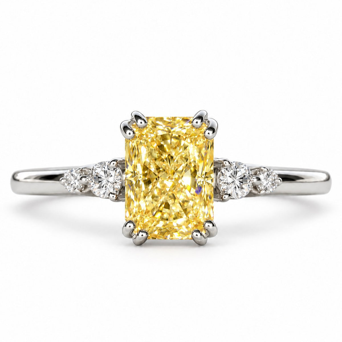 Yellow Radiant Cut Lab Grown Diamond Engagement Ring - Round Accents in white gold, front view