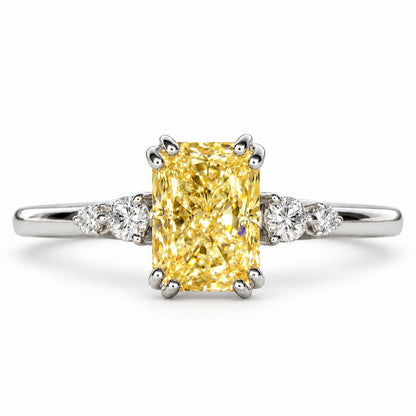 Yellow Radiant Cut Lab Grown Diamond Engagement Ring - Round Accents in white gold, front view