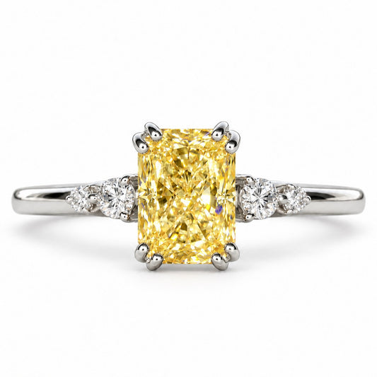 Yellow Radiant Cut Lab Grown Diamond Engagement Ring - Round Accents in white gold, front view