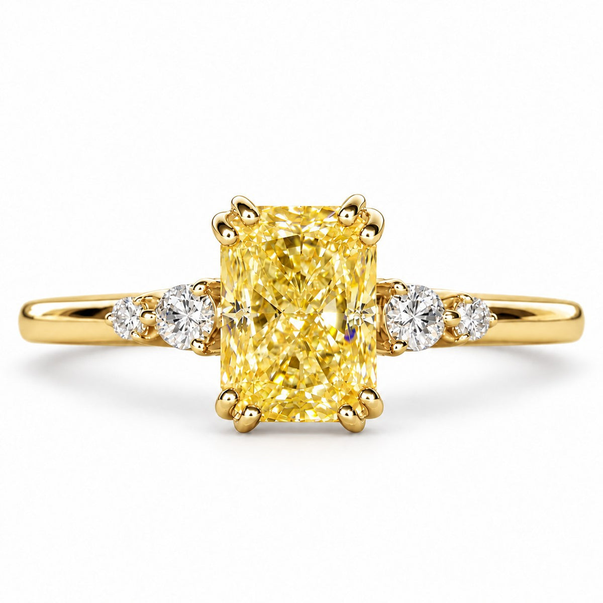 Yellow Radiant Cut Lab Grown Diamond Engagement Ring - Round Accents in yellow gold, front view