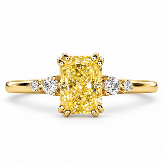 Yellow Radiant Cut Lab Grown Diamond Engagement Ring - Round Accents in yellow gold, front view