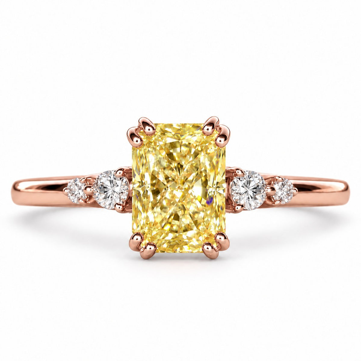Yellow Radiant Cut Lab Grown Diamond Engagement Ring - Round Accents in rose gold, front view