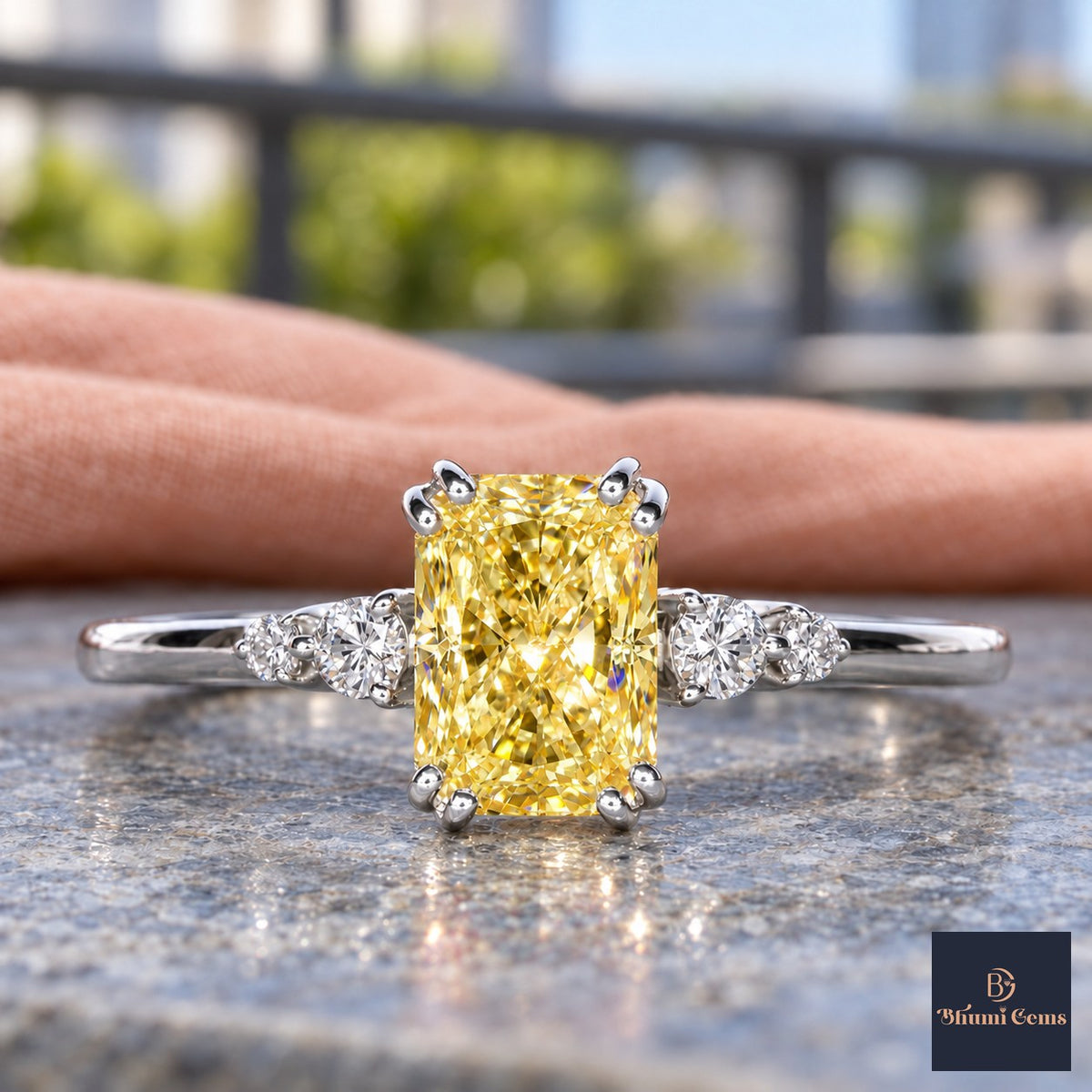Yellow Radiant Cut Lab Grown Diamond Engagement Ring - Round Accents in white gold, close-up
