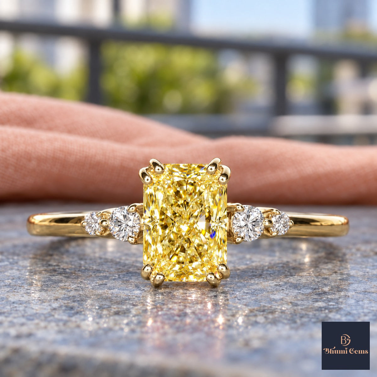 Yellow Radiant Cut Lab Grown Diamond Engagement Ring - Round Accents in yellow gold, close-up