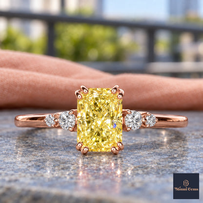 Yellow Radiant Cut Lab Grown Diamond Engagement Ring - Round Accents in rose gold, close-up