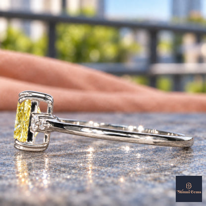 Yellow Radiant Cut Lab Grown Diamond Engagement Ring - Round Accents in white gold, side view