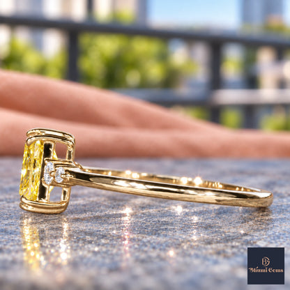 Yellow Radiant Cut Lab Grown Diamond Engagement Ring - Round Accents in yellow gold, side view