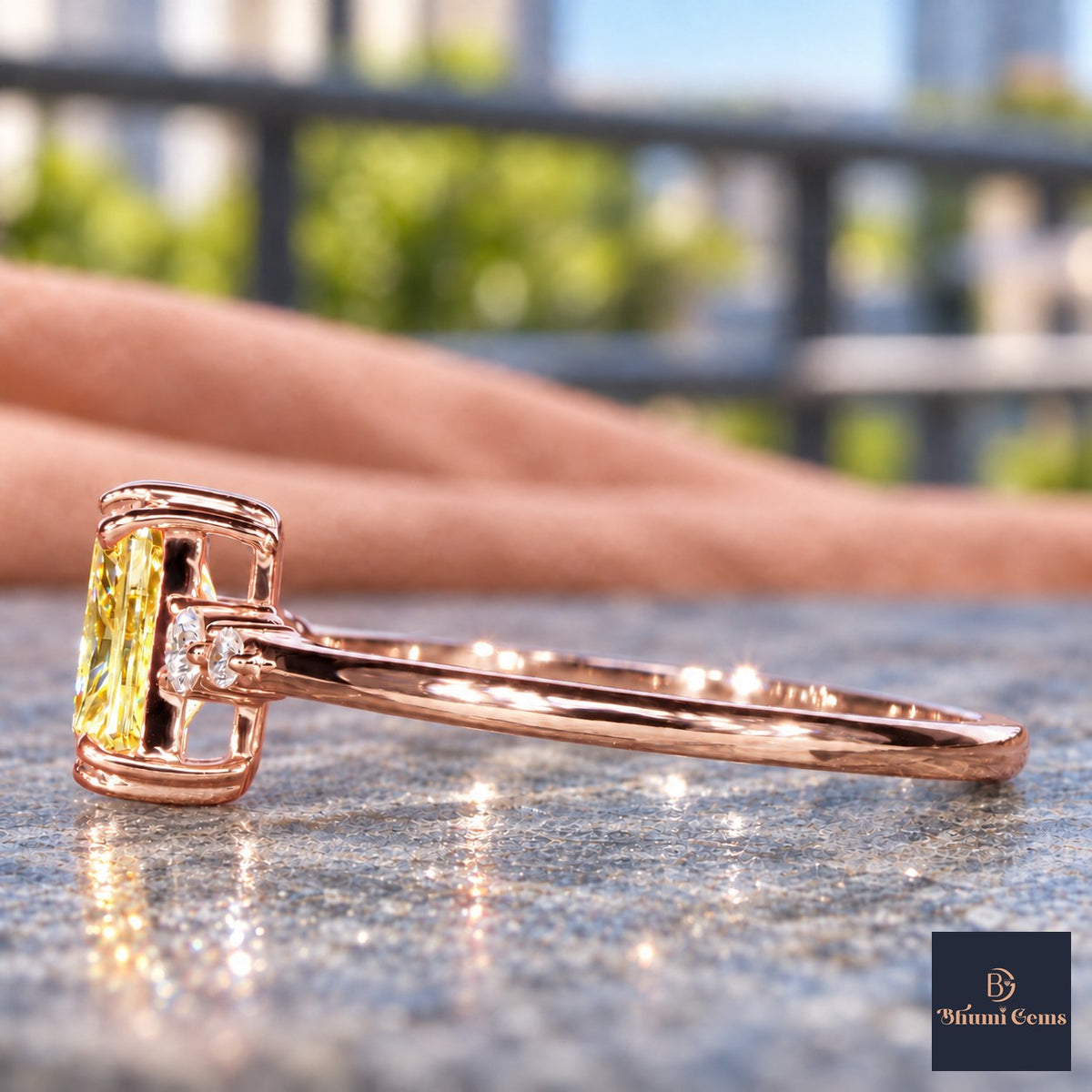 Yellow Radiant Cut Lab Grown Diamond Engagement Ring - Round Accents in rose gold, side view