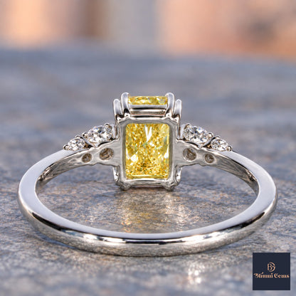 Yellow Radiant Cut Lab Grown Diamond Engagement Ring - Round Accents in white gold, gallery view