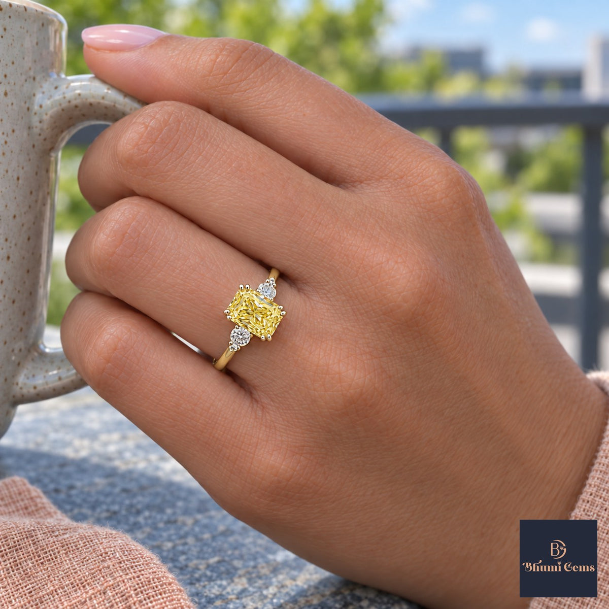 Yellow Radiant Cut Lab Grown Diamond Engagement Ring - Round Accents in yellow gold, on the hand