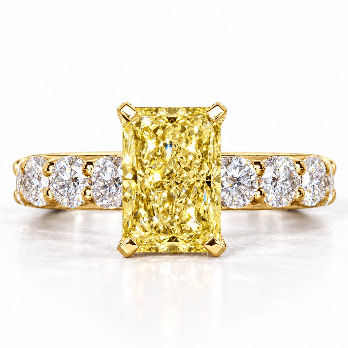 Yellow Radiant Cut Lab Grown Diamond Engagement Ring - Shared Prong Band in yellow gold, front view