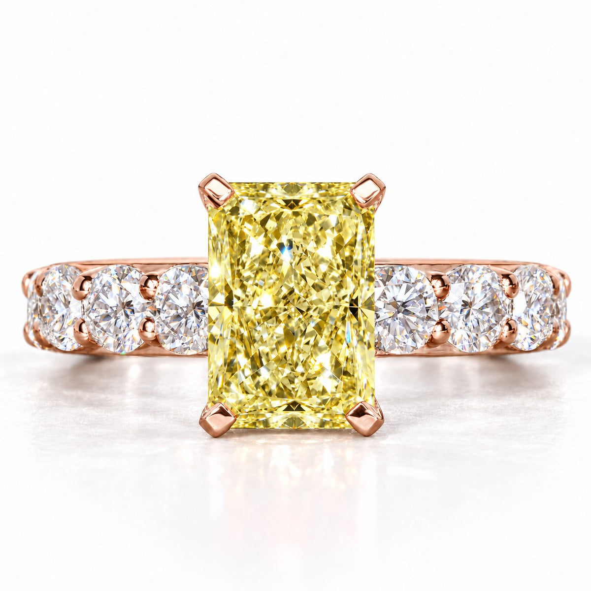 Yellow Radiant Cut Lab Grown Diamond Engagement Ring - Shared Prong Band in rose gold, front view