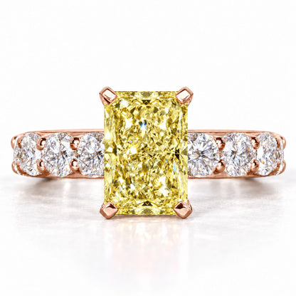 Yellow Radiant Cut Lab Grown Diamond Engagement Ring - Shared Prong Band in rose gold, front view