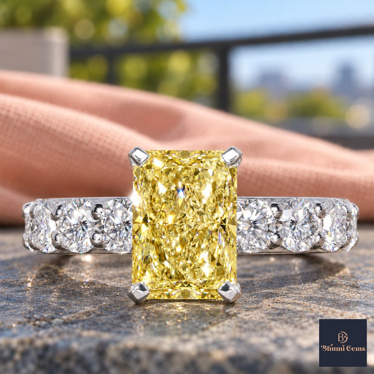 Yellow Radiant Cut Lab Grown Diamond Engagement Ring - Shared Prong Band in white gold, close-up