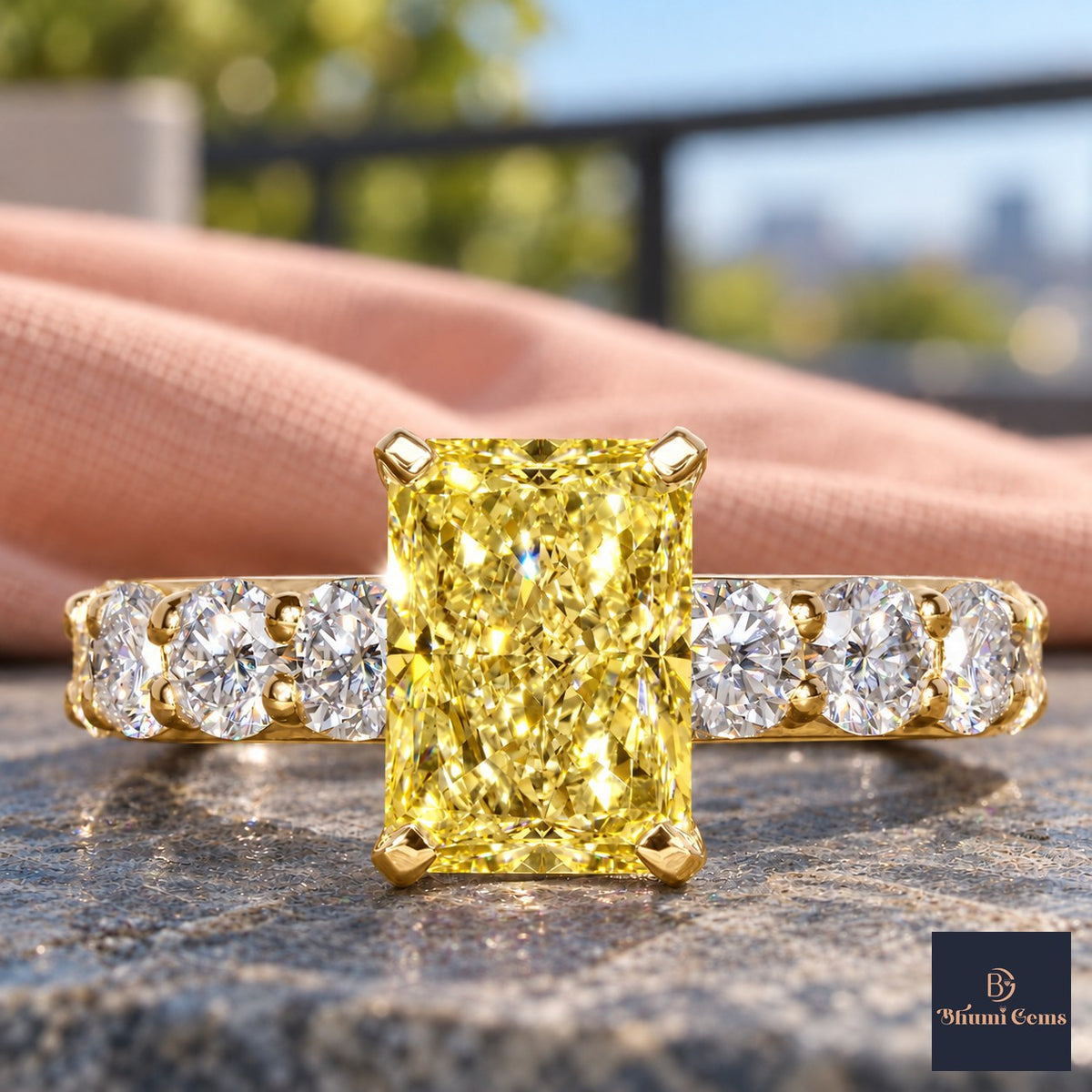 Yellow Radiant Cut Lab Grown Diamond Engagement Ring - Shared Prong Band in yellow gold, close-up
