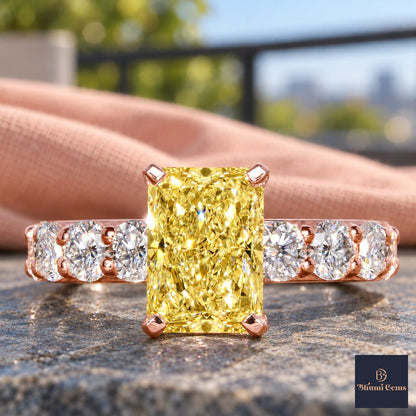 Yellow Radiant Cut Lab Grown Diamond Engagement Ring - Shared Prong Band in rose gold, close-up
