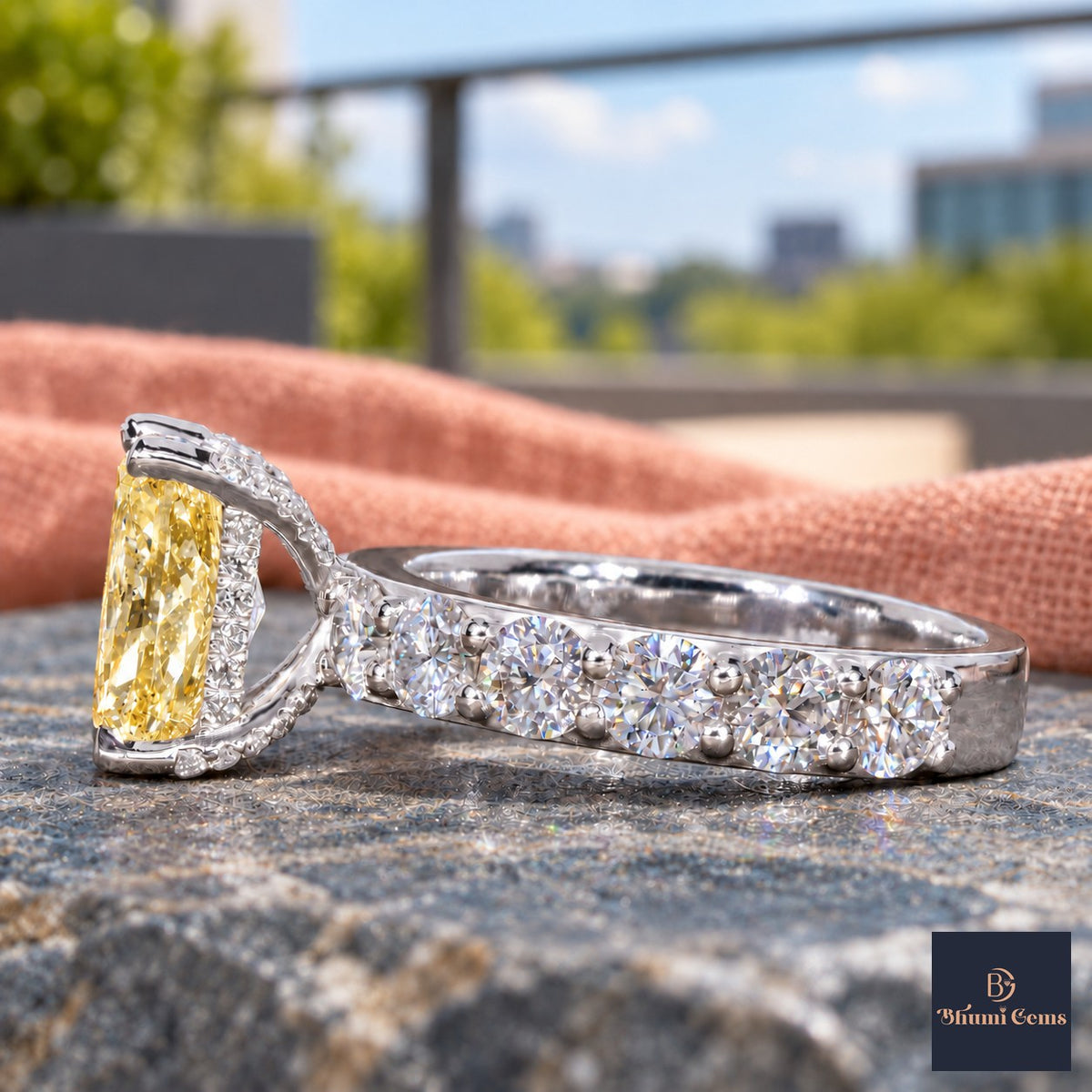Yellow Radiant Cut Lab Grown Diamond Engagement Ring - Shared Prong Band in white gold, side view