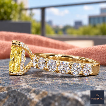 Yellow Radiant Cut Lab Grown Diamond Engagement Ring - Shared Prong Band in yellow gold, side view