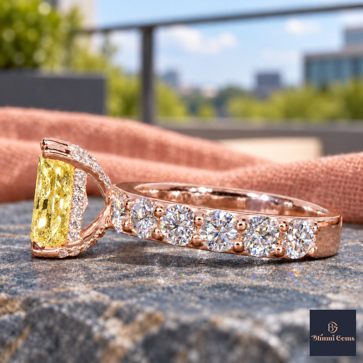 Yellow Radiant Cut Lab Grown Diamond Engagement Ring - Shared Prong Band in rose gold, side view