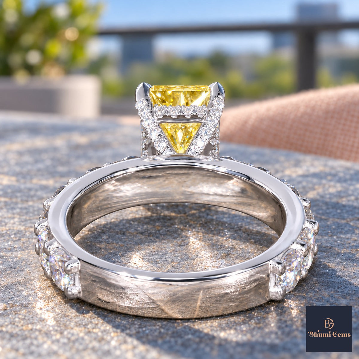 Yellow Radiant Cut Lab Grown Diamond Engagement Ring - Shared Prong Band in white gold, gallery view