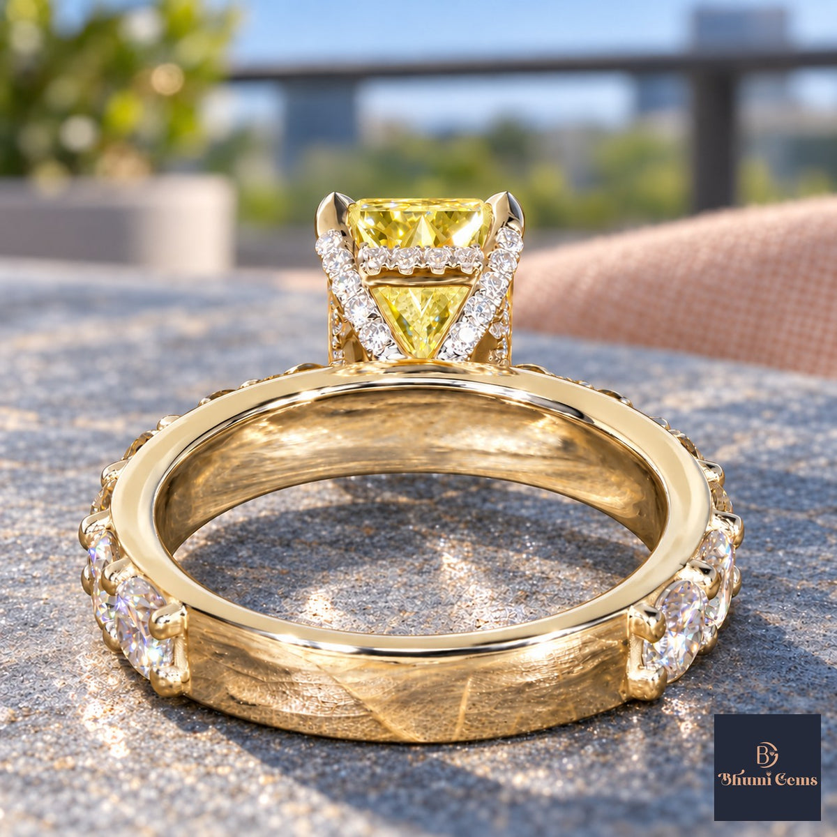 Yellow Radiant Cut Lab Grown Diamond Engagement Ring - Shared Prong Band in yellow gold, gallery view