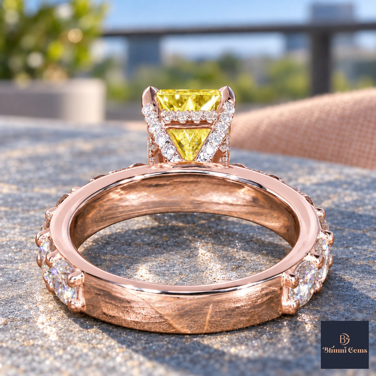 Yellow Radiant Cut Lab Grown Diamond Engagement Ring - Shared Prong Band in rose gold, gallery view