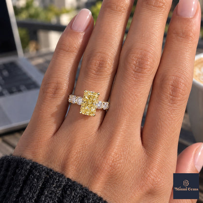 Yellow Radiant Cut Lab Grown Diamond Engagement Ring - Shared Prong Band in yellow gold, on the hand